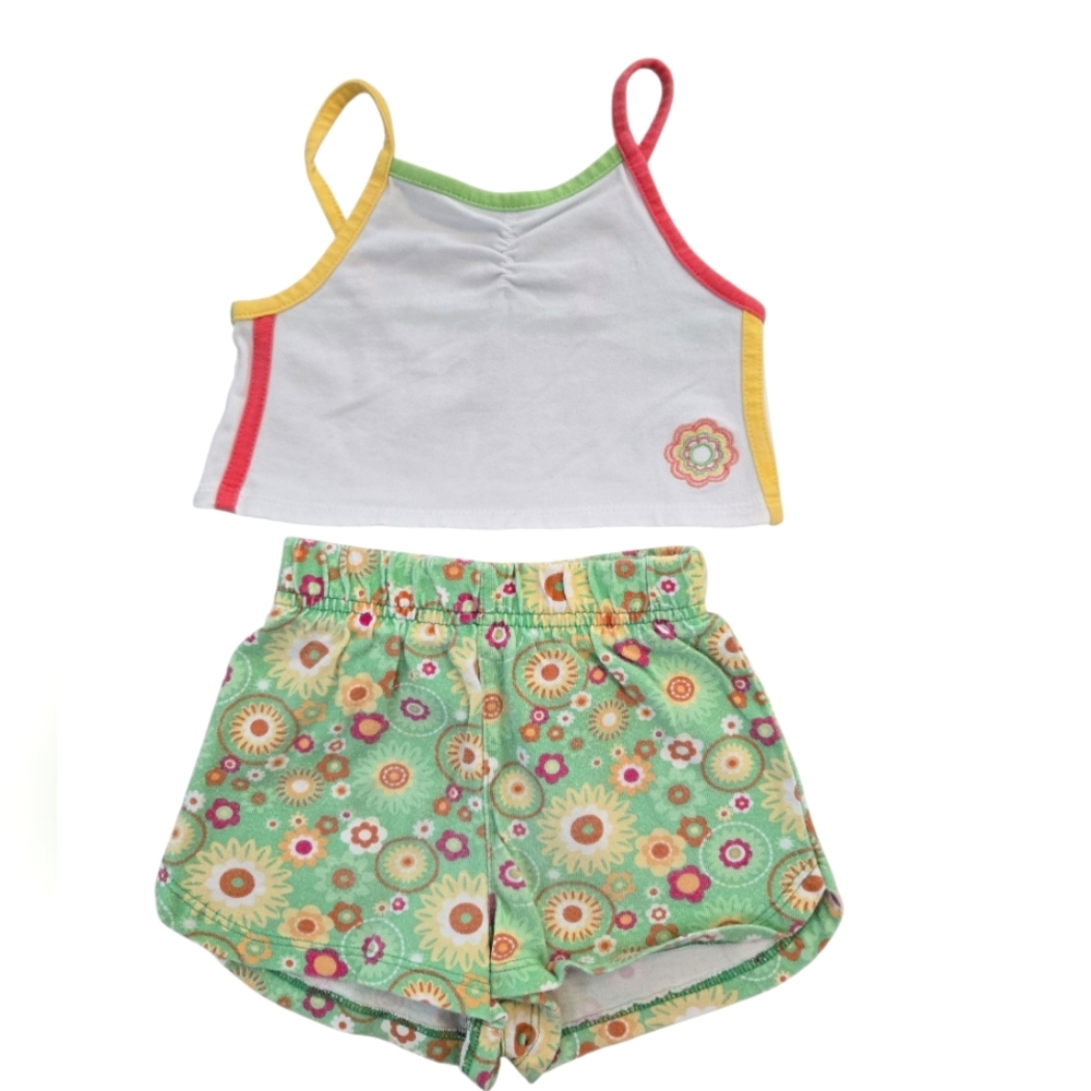 Vintage Y2k Neon Green Purple Yellow Floral Crop Top and Shorts 2pc Set